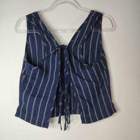 Onia Tank Top Womens Medium 100% Linen Navy Blue White Stripe Tie Open Back‎ - Picture 7 of 12